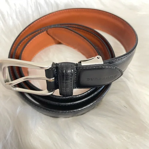 Burberry Black and Brown Leather Belt with Silver Buckle w/COA